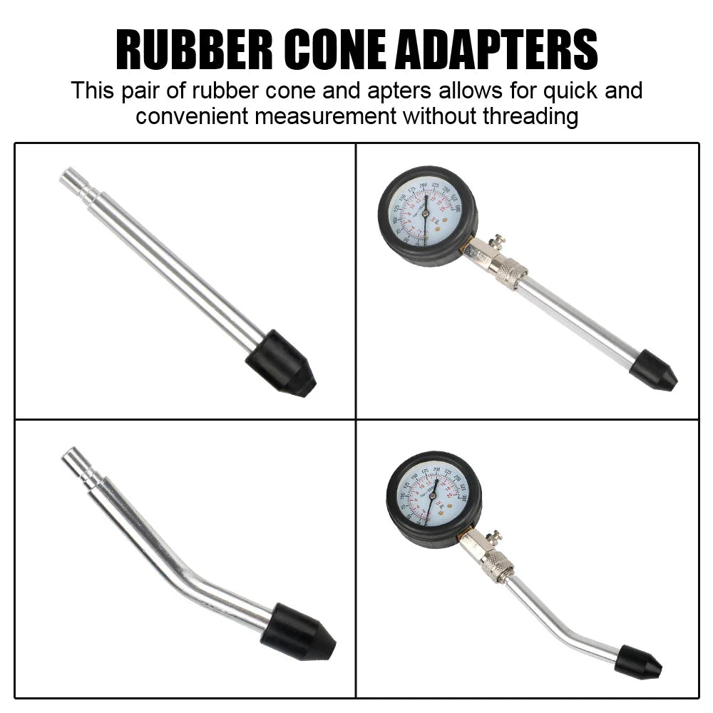 Gasoline Engine Compression Meter - 0-300 PSI Pressure Gauge Automotive Cylinder Tester Kit with M10 M12 M14 M18 Adapters