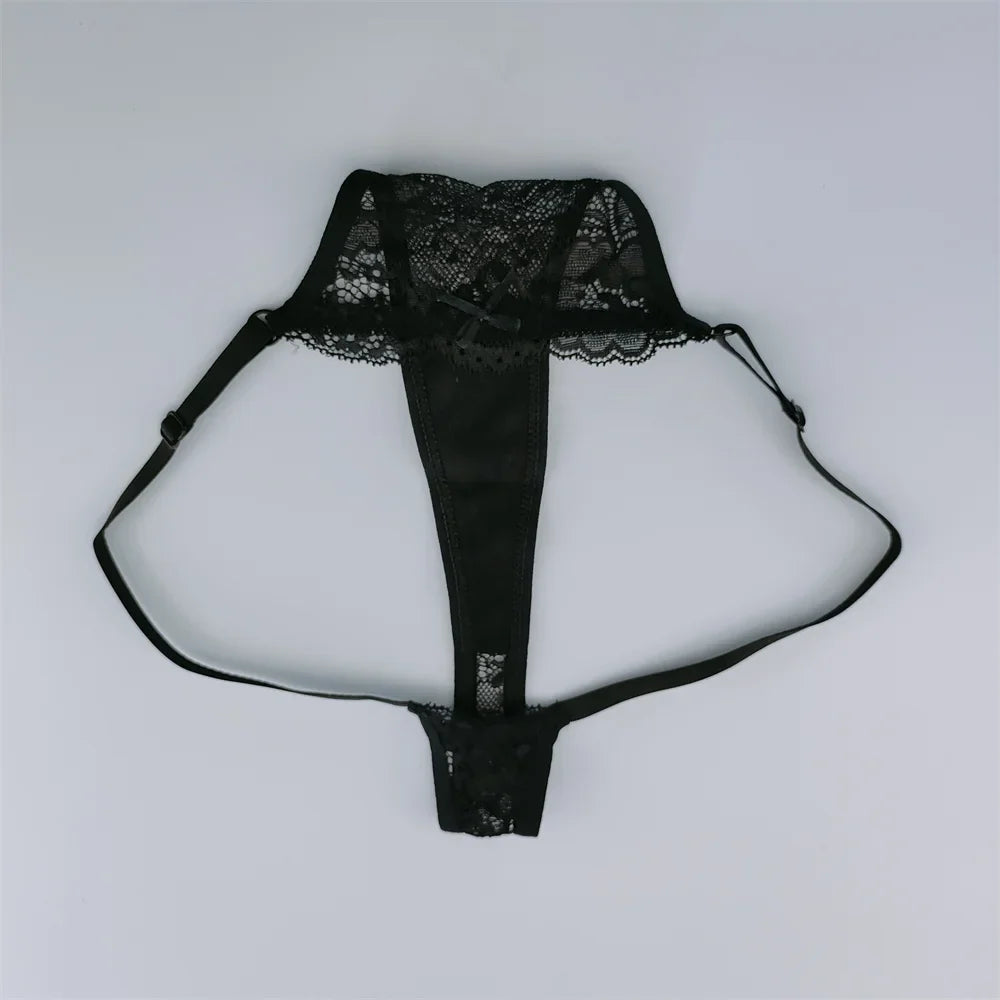 Women's Lace Thong Set - 3-Piece Low Waist Breathable Sheer G-String Lingerie