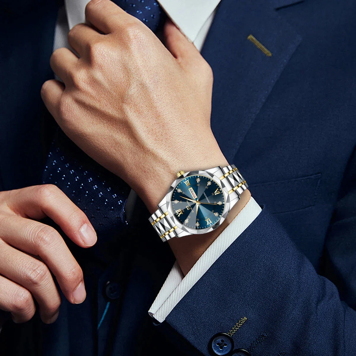 Men's Luxury Water Diamond Watch – Blue & Gold Stainless Steel, Night Glow, Double Calendar Quartz Movement, 41mm Business Fashion Watch