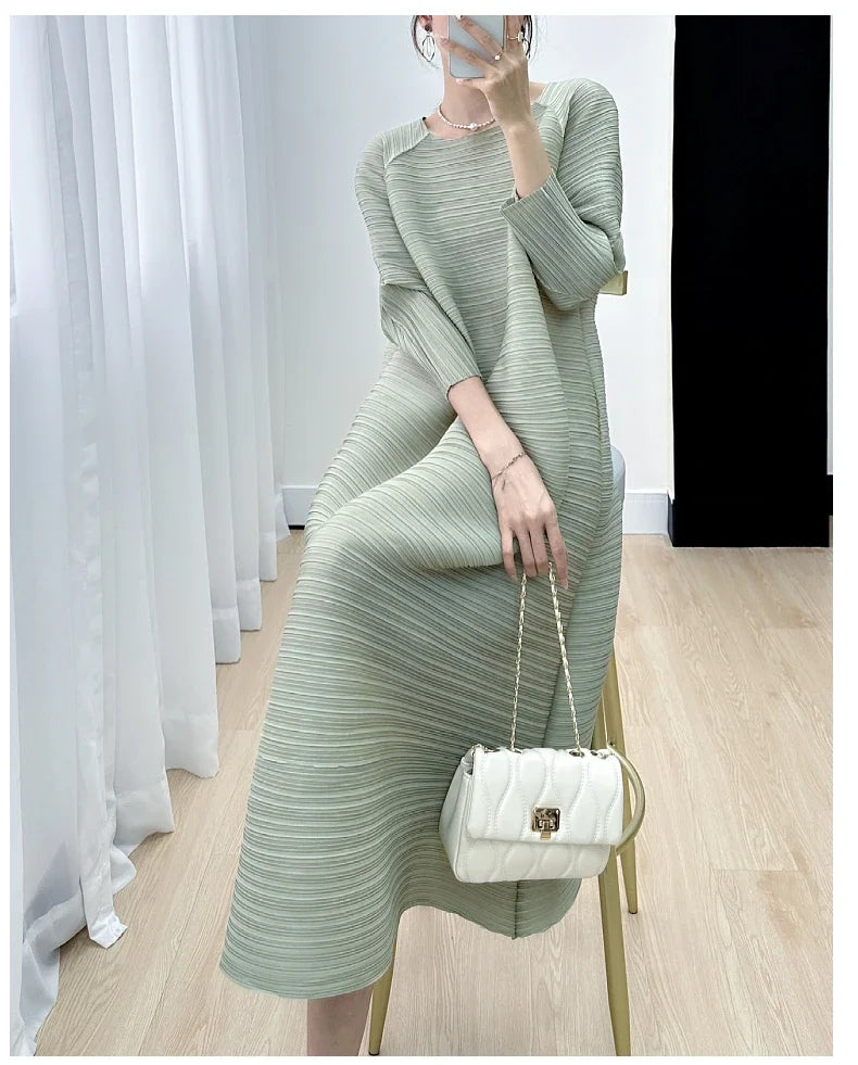 2023 Women's Miyake Pleated Long Dress – Full Sleeve, Round Neck, Korean Fashion, Plus Size Summer Style