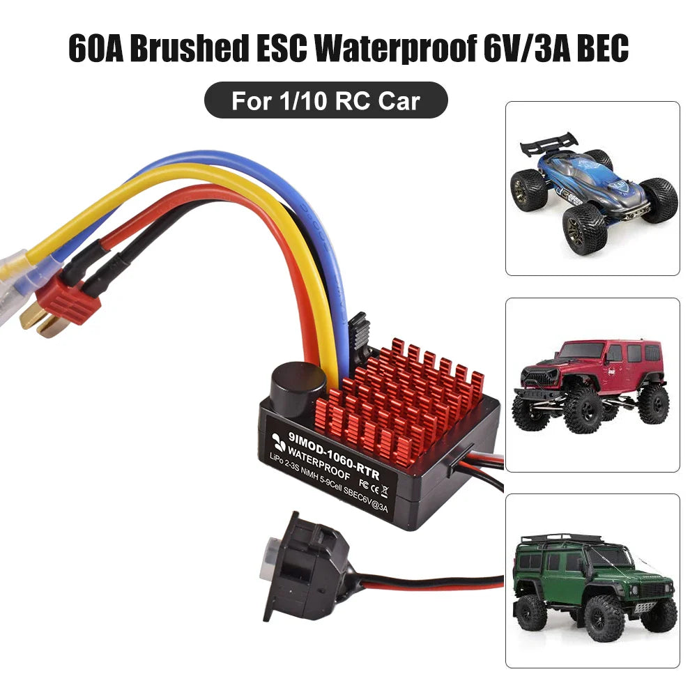 9IMOD 1060 RTR 60A Brushed ESC — Waterproof Electronic Speed Controller 2-3S LiPo with 6V3A BEC for 1/10 Axial SCX10, TRX4, TRX6, D90, HPI