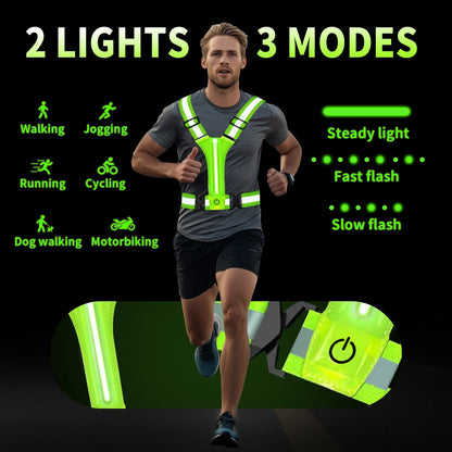 LED Running Vest – USB Rechargeable Reflective Glowing Straps for High Visibility Night Running & Cycling, Elastic Safety Band