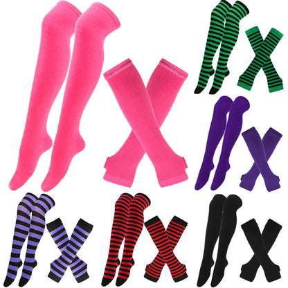 Women & Girls Over Knee Long Stripe Printed Thigh High Cotton Socks – Cute Plus Size Arm Sleeve Gloves & Overknee Socks