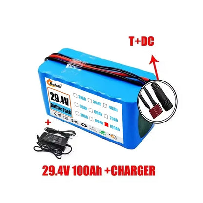 29.4V 100Ah 7S3P 18650 Lithium-Ion Battery Pack — Suitable for 24V–29.4V Motors with 2A Charger