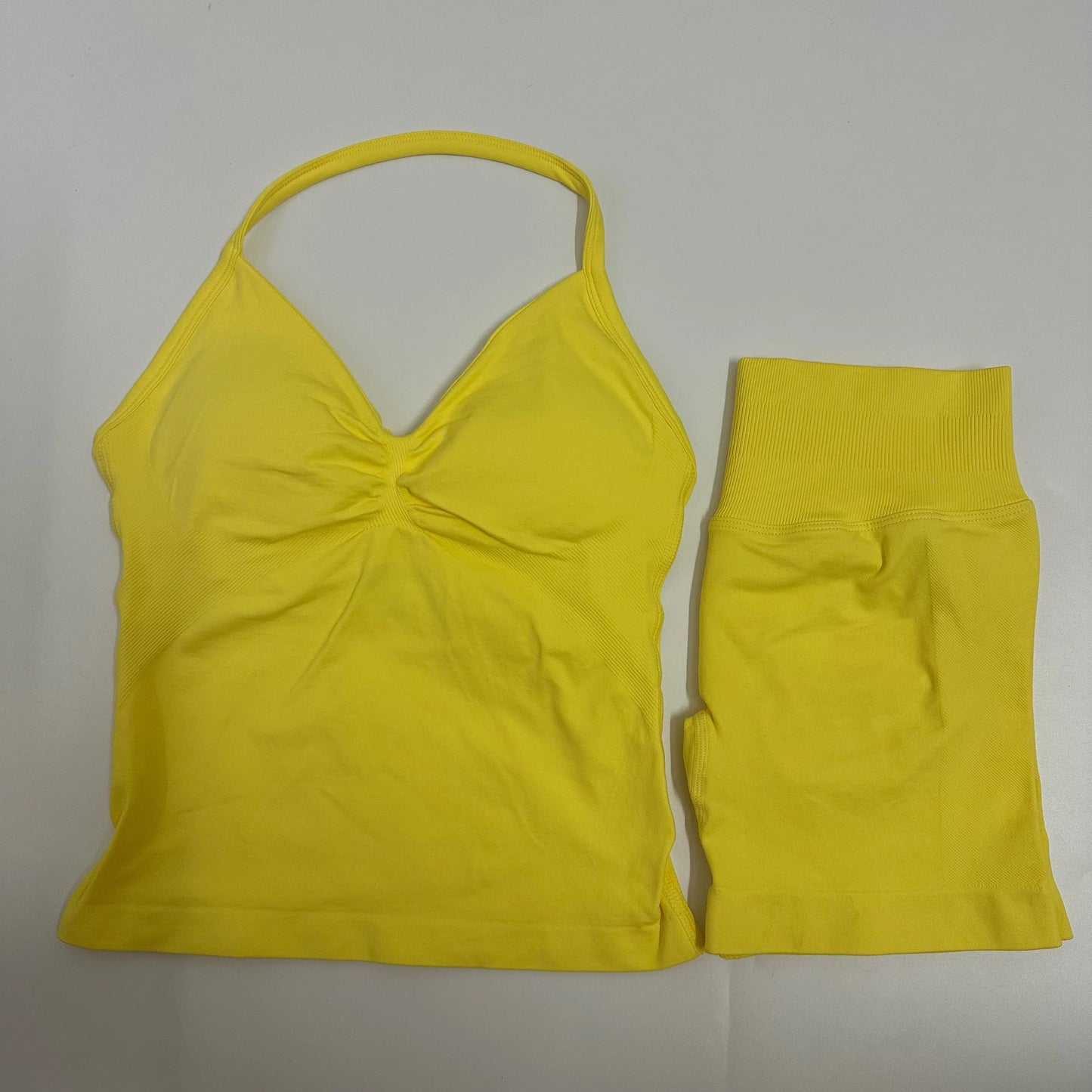 2-Piece Women’s Yoga Set – Seamless Longline Strappy Tank Top & Scrunch Sports Shorts, Summer Workout Gym Outfit