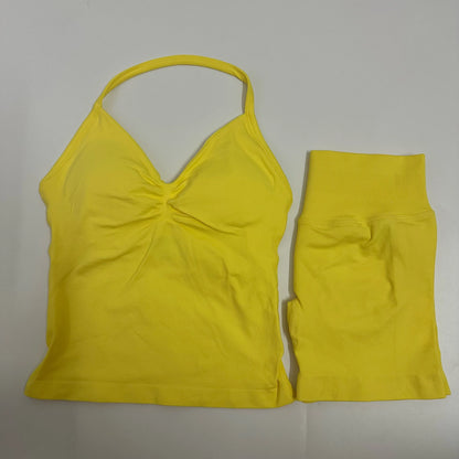 2-Piece Women’s Yoga Set – Seamless Longline Strappy Tank Top & Scrunch Sports Shorts, Summer Workout Gym Outfit