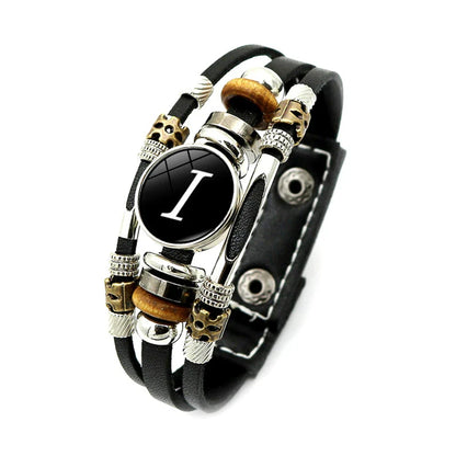A-Z English Letters Leather Bracelet - 26 Initial Cabochon Glass Snap Wristband for Men & Women, Couple Gift