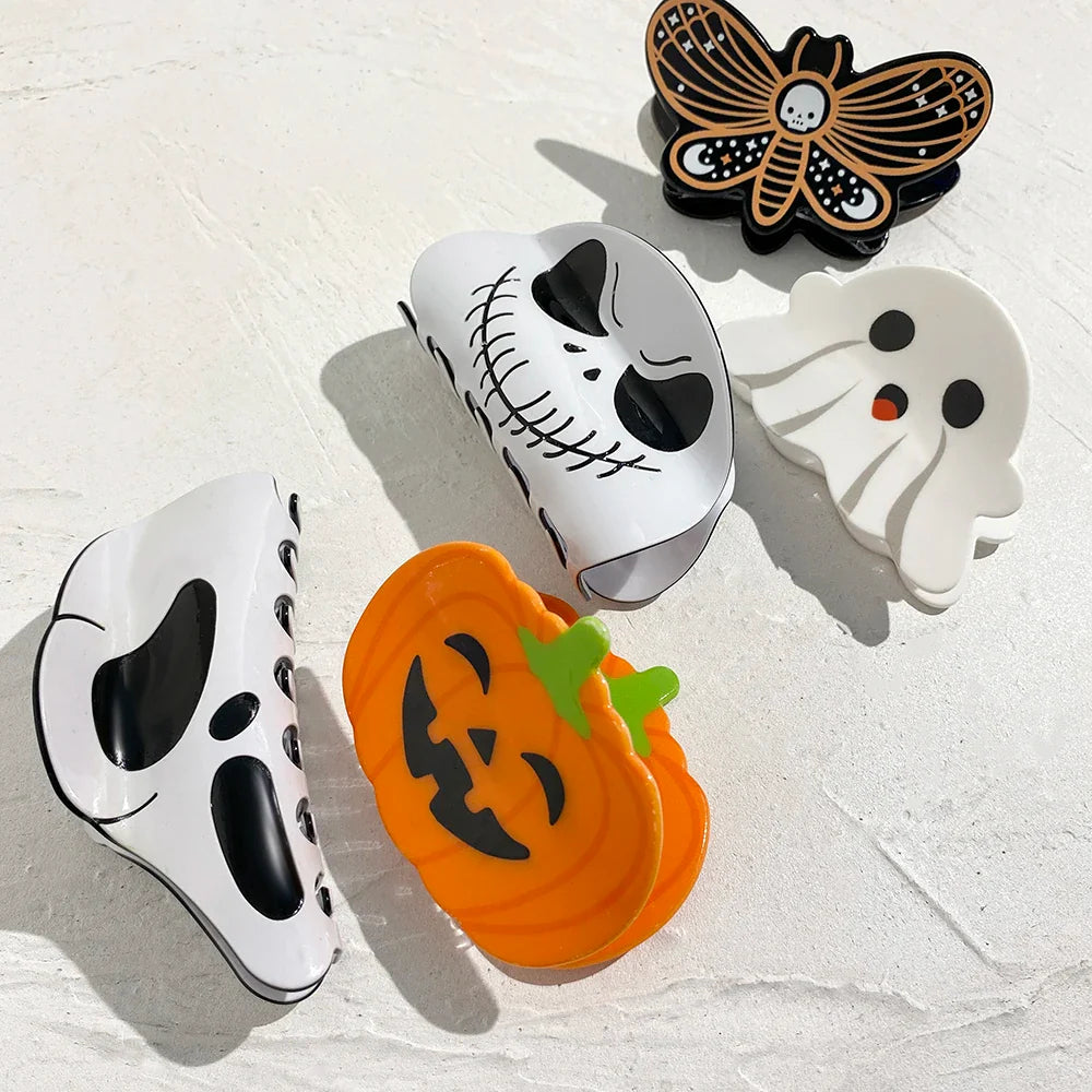AENSOA Halloween Hairpin | Pumpkin, Skull, Butterfly & Ghost Acrylic Shark Clip for Women