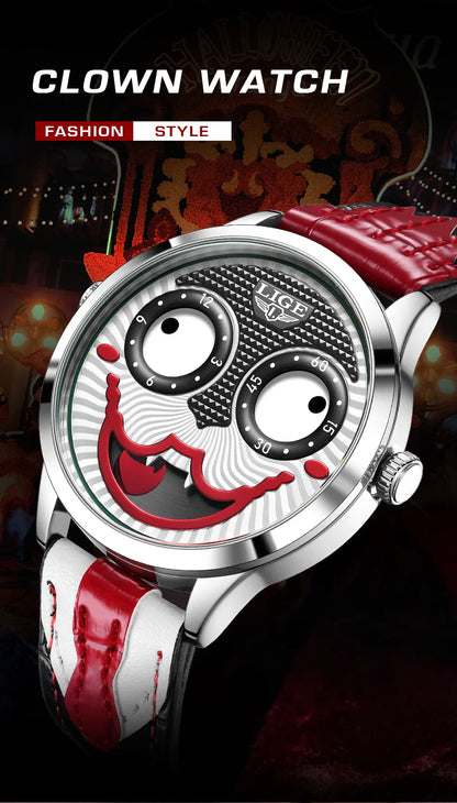 LIGE 2025 Men’s Creative Clown Quartz Watch – Waterproof Leather Strap Joker Fashion Wristwatch
