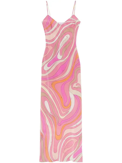 Women’s Striped Rainbow Spaghetti Strap Dress – Sleeveless Backless V-Neck Split Beach Dress, 2025 Summer Party Chic Robe
