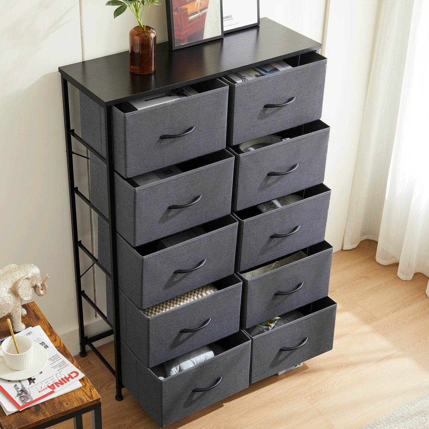 Bedside Table with 10 Fabric Drawers – Steel Frame Nightstand Storage Cabinet for Bedroom Clothes Organizer