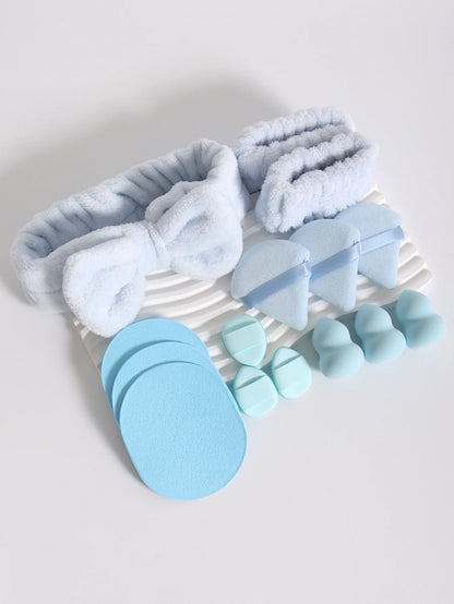 15Pcs Multi-Colored Fluffy Headband & Makeup Sponge Set - Sweet Style Beauty Essentials