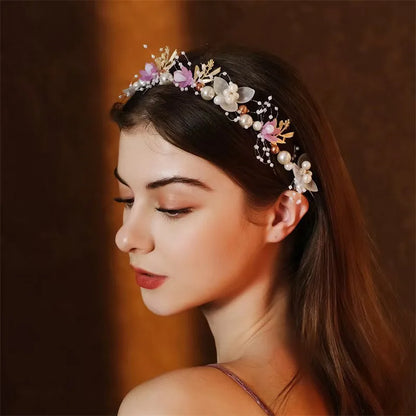 Bridal Crystal Pearl Tiara - Floral Wedding Crown Headband Hair Jewelry