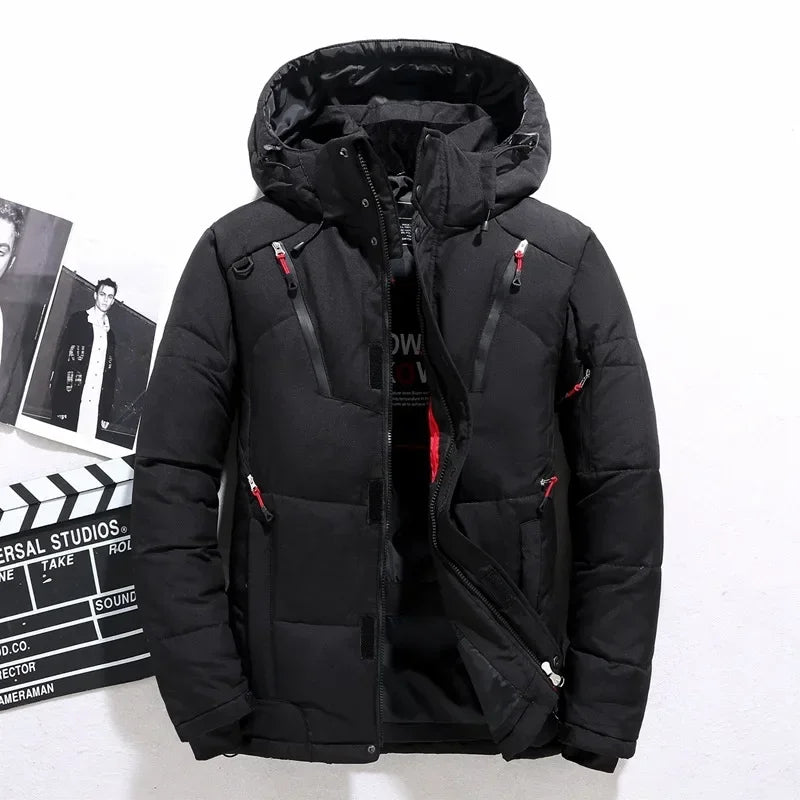 Men's Winter Hooded Puffer Jacket – White Duck Down Coat, Windproof & Warm Outdoor Parka, Size 5