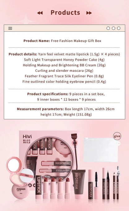 HiVi Makeup Gift Box Set – Powder, Glue, Lipstick & More, Perfect Valentine's Day Gift for Your Wife