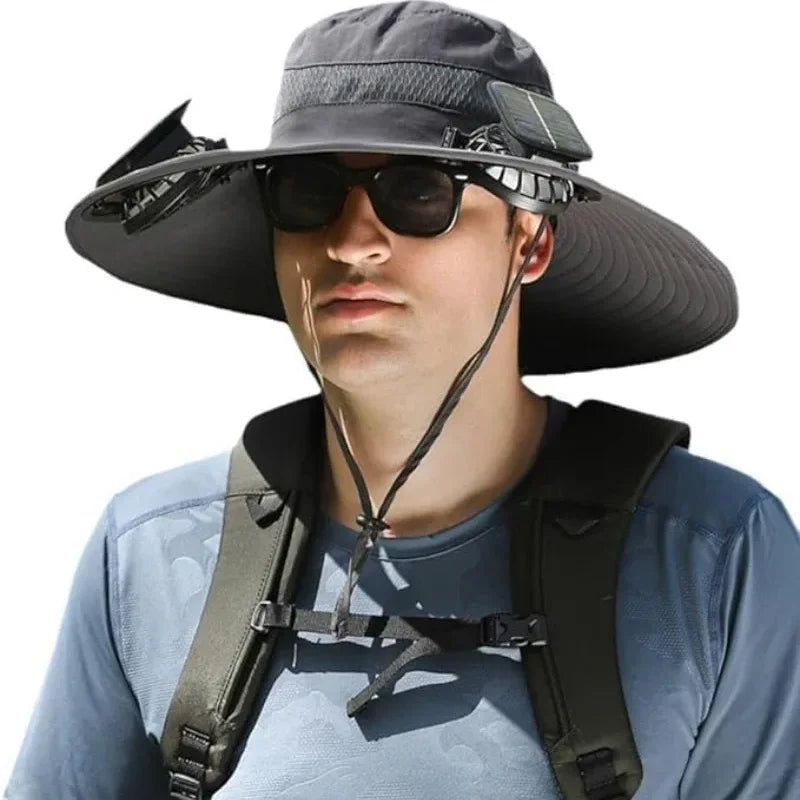Men’s Wide Brim Solar Fan Hat – UPF50+ Sun Protection, Dual Power USB Adjustable Outdoor Hat for Beach & Fishing