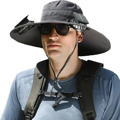Men’s Wide Brim Solar Fan Hat – UPF50+ Sun Protection, Dual Power USB Adjustable Outdoor Hat for Beach & Fishing