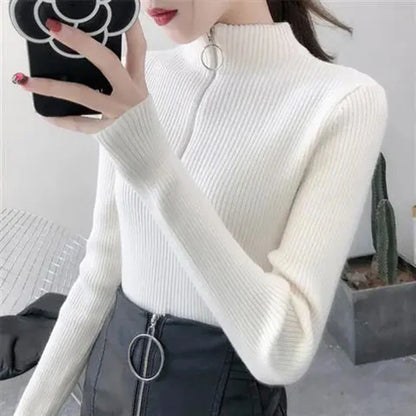 Women's Knitted Zipper Half High Neck Sweater - Slim Fit Solid Pullovers for Autumn/Winter, Basic Knitwear Tops