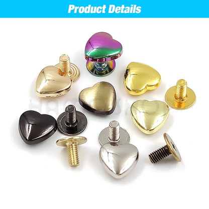 10 Set Heart-Shaped Metal Screwback Rivets 10/14mm – Screw Studs for Leathercraft, Garments, Belts & Bags
