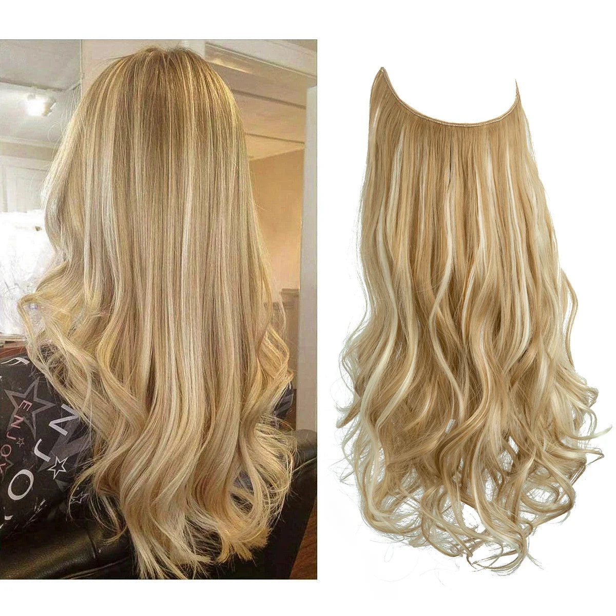 Synthetic Ombre Hair Extension - One Piece Invisible Wire Long Wavy Clipless False Hairpiece Black Blonde Pink
