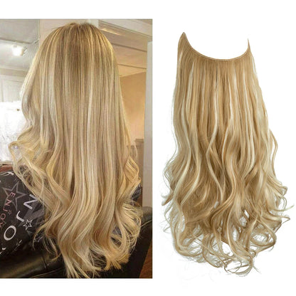 Synthetic Ombre Hair Extension - One Piece Invisible Wire Long Wavy Clipless False Hairpiece Black Blonde Pink