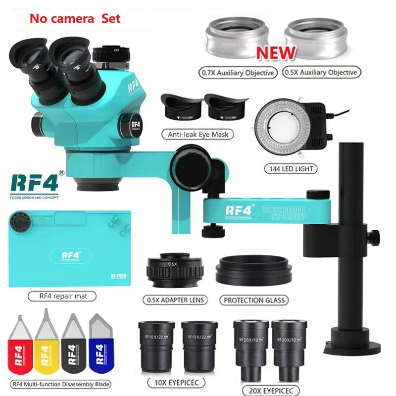 RF4 Trinocular Stereo Microscope Set – 360° Rotation Articulating Arm Stand, Phone Soldering & PCB Repair, Model RF7050TVPRO-F019