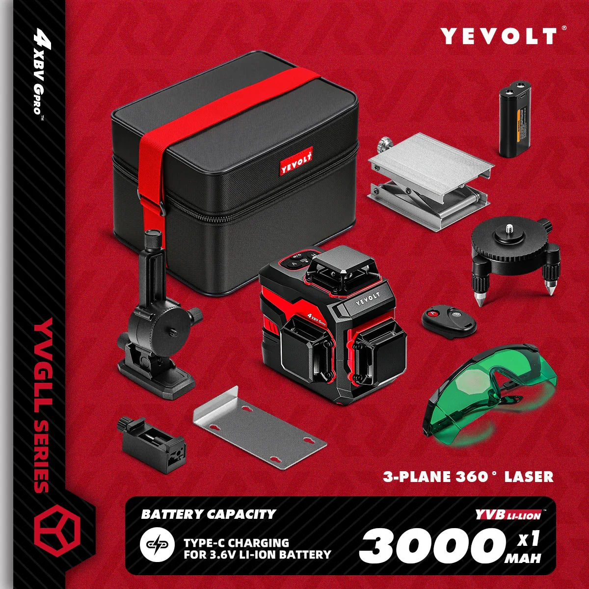 YEVOLT YVGLL4XS12 12-Line Green Laser Level – ±0.2mm/m Precision, IP54 Waterproof, Auto-Leveling with Slope Mode
