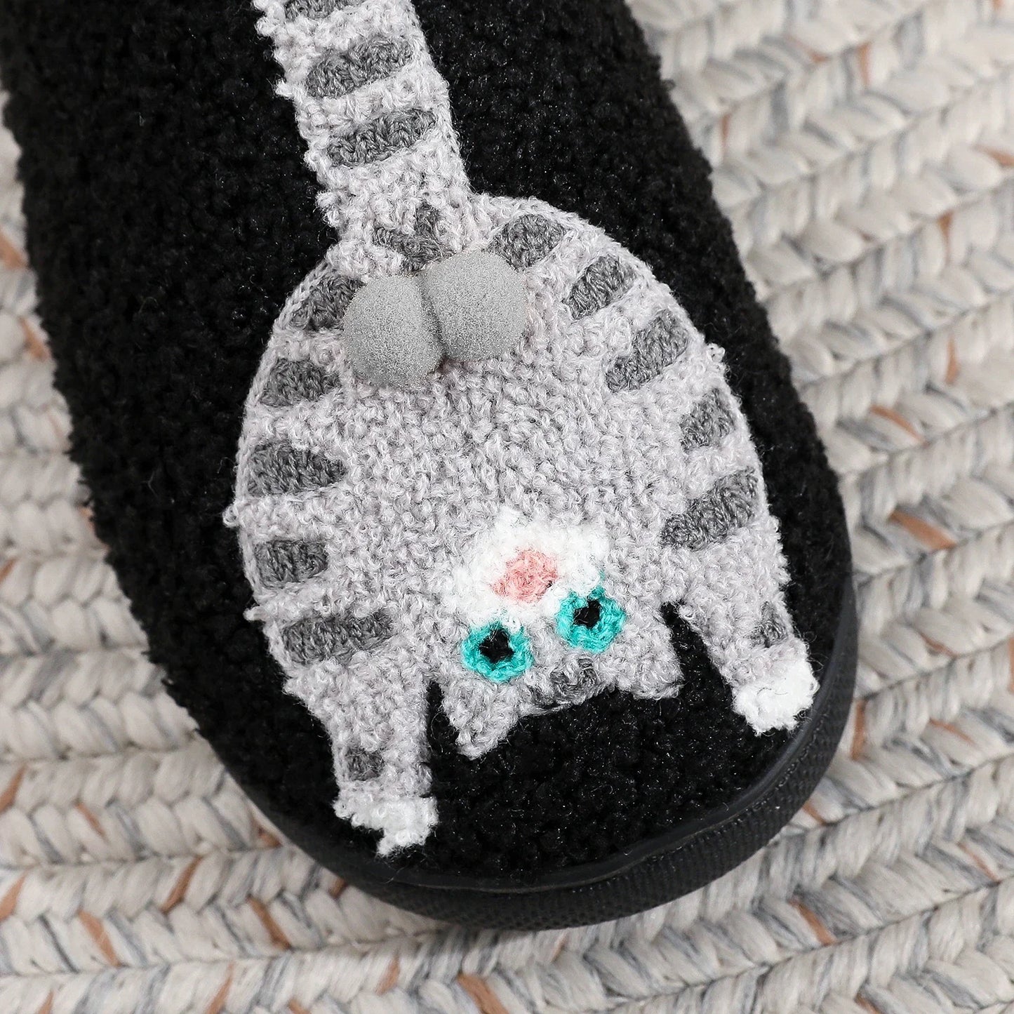 Embroidered Cat Plush Slippers - Warm Thick-Sole Non-Slip Indoor House Shoes for Men & Women
