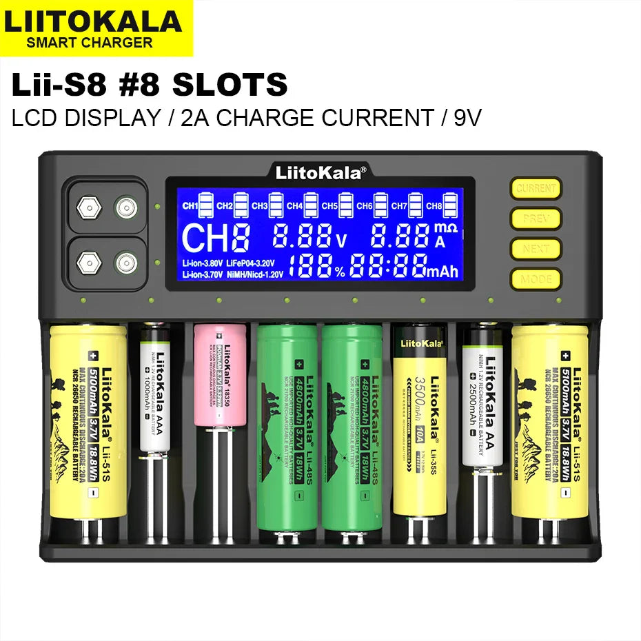 LiitoKala Lii-S8 Lii-S12 CH4 Multi-Function Battery Charger – 18650, 26650, 21700, 26700, AA, AAA Li-ion, NiMH, LiFePO4 Compatible