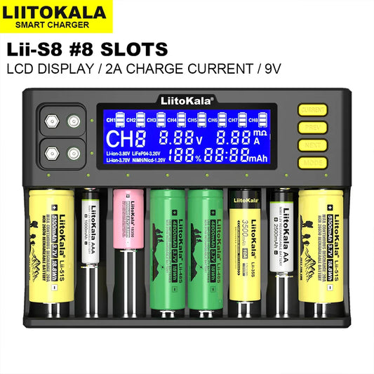 LiitoKala Lii-S8 Lii-S12 CH4 Multi-Function Battery Charger – 18650, 26650, 21700, 26700, AA, AAA Li-ion, NiMH, LiFePO4 Compatible