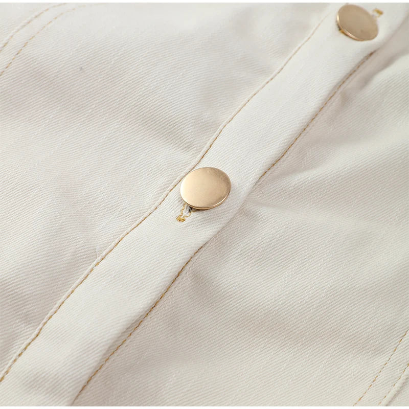 Women’s Chic White Denim Dress – Casual Lapel Long Slim Maxi, Single-Breasted Short Sleeve Summer Dress