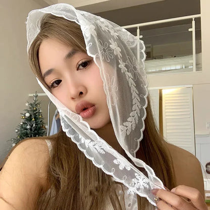 White Woven Floral Lace Hair Scarf Wrap – Retro Triangle Headscarf, Travel & Photo Hat, Hair Accessories for Women