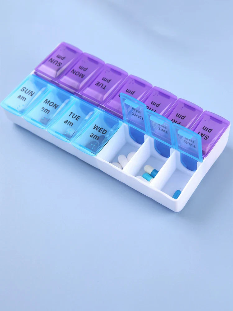 Weekly 14-Grid Pill Box – Portable 7-Day Organizer for Tablets, Vitamins & Medicine Storage Container