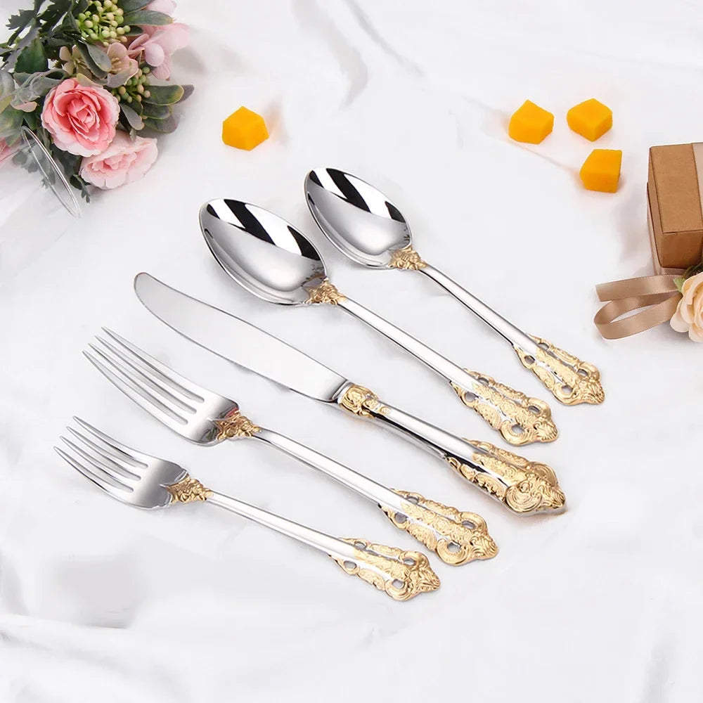 Premium 304 Stainless Steel Gold Cutlery Set - Vintage Western Dinnerware with Luxury Engraving - Forks, Knives, Spoons - Silverware