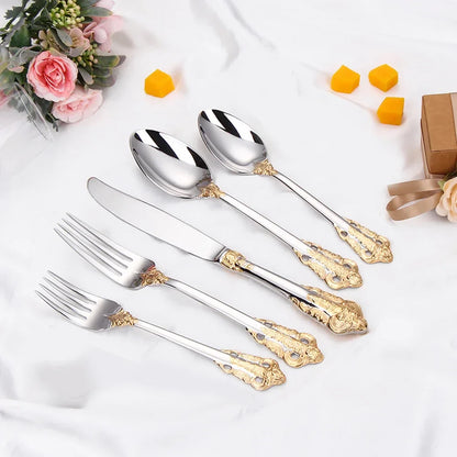 Premium 304 Stainless Steel Gold Cutlery Set - Vintage Western Dinnerware with Luxury Engraving - Forks, Knives, Spoons - Silverware
