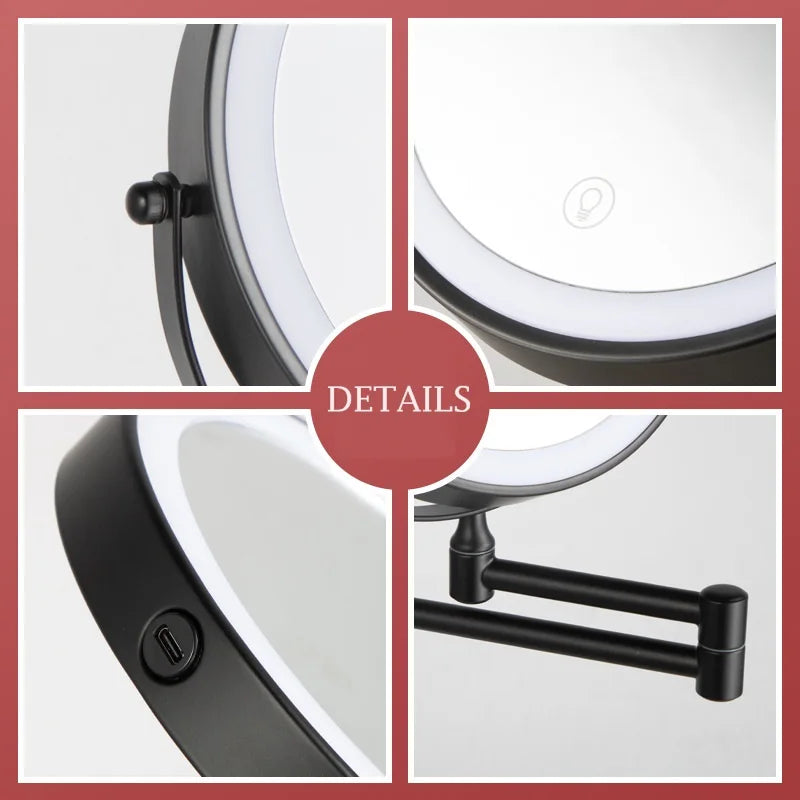 8-Inch Double-Sided LED Makeup Mirror - 10X Magnification, 360° Rotating, Wall Mounted, Foldable Vanity Mirror