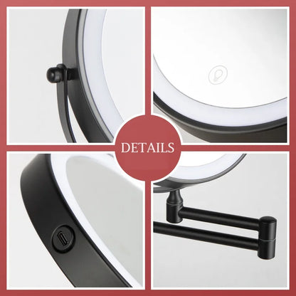 8-Inch Double-Sided LED Makeup Mirror - 10X Magnification, 360° Rotating, Wall Mounted, Foldable Vanity Mirror