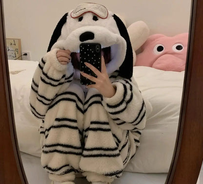 Halloween Snoopy Flannel Pajamas – Hooded Kawaii Anime Cartoon Pajamas for Kids & Adults, Cozy Autumn Homewear