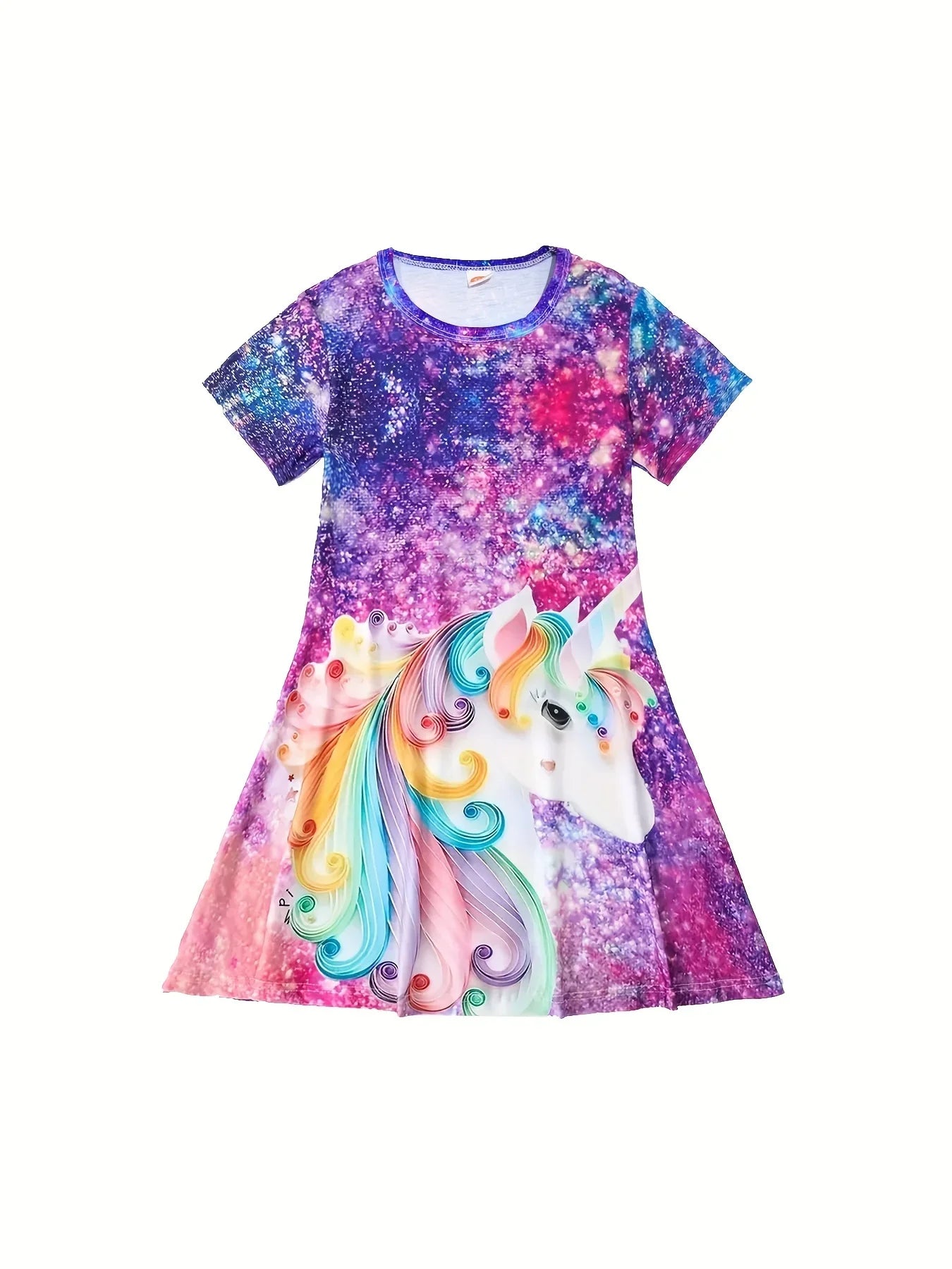 Girls Starry Unicorn Dress – Digital Print, Round Neck, Short Sleeve Casual Party Dress