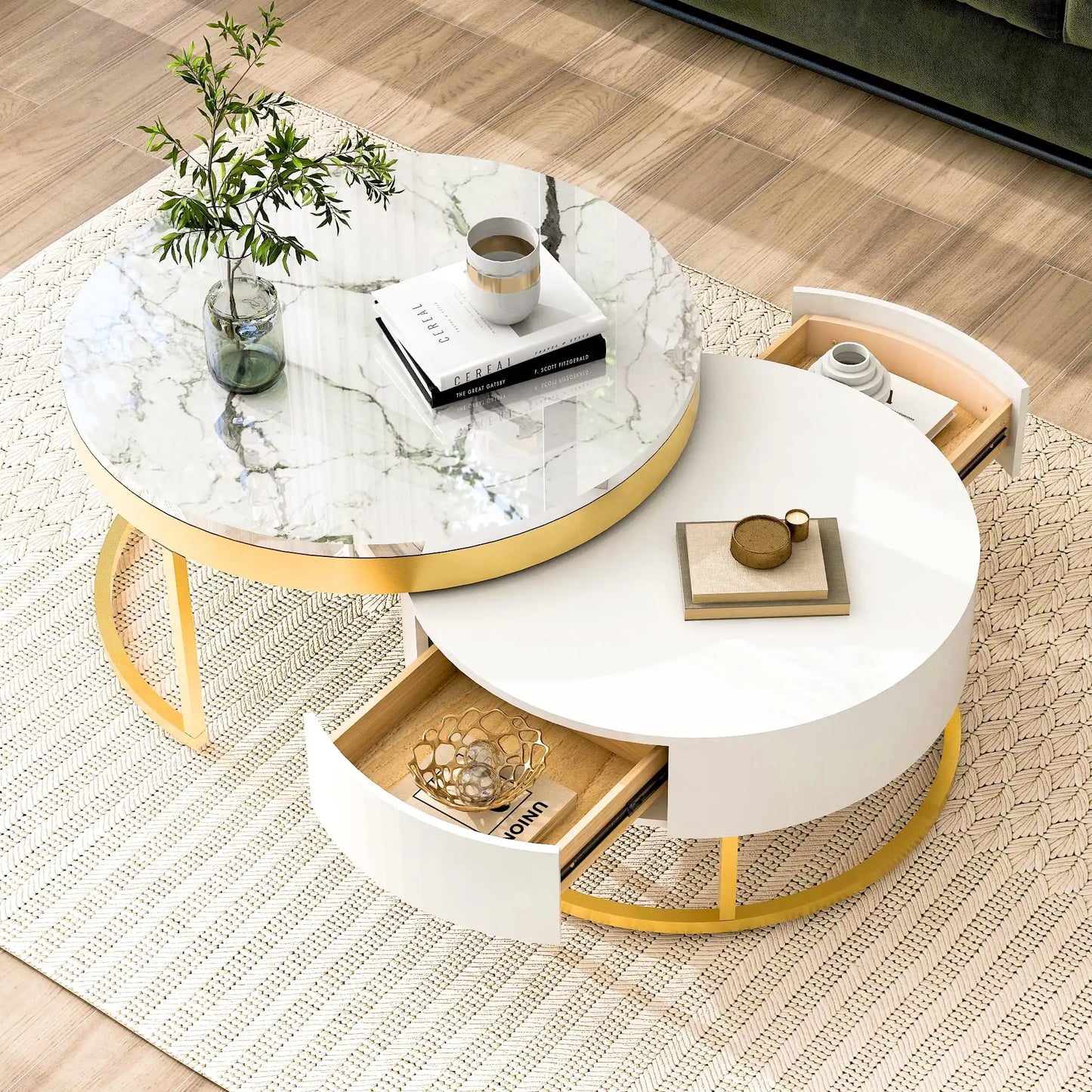Set of 2 Round Gold Nesting Coffee Tables — Storage Drawer Living Room Furniture
