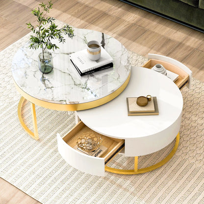 Set of 2 Round Gold Nesting Coffee Tables — Storage Drawer Living Room Furniture