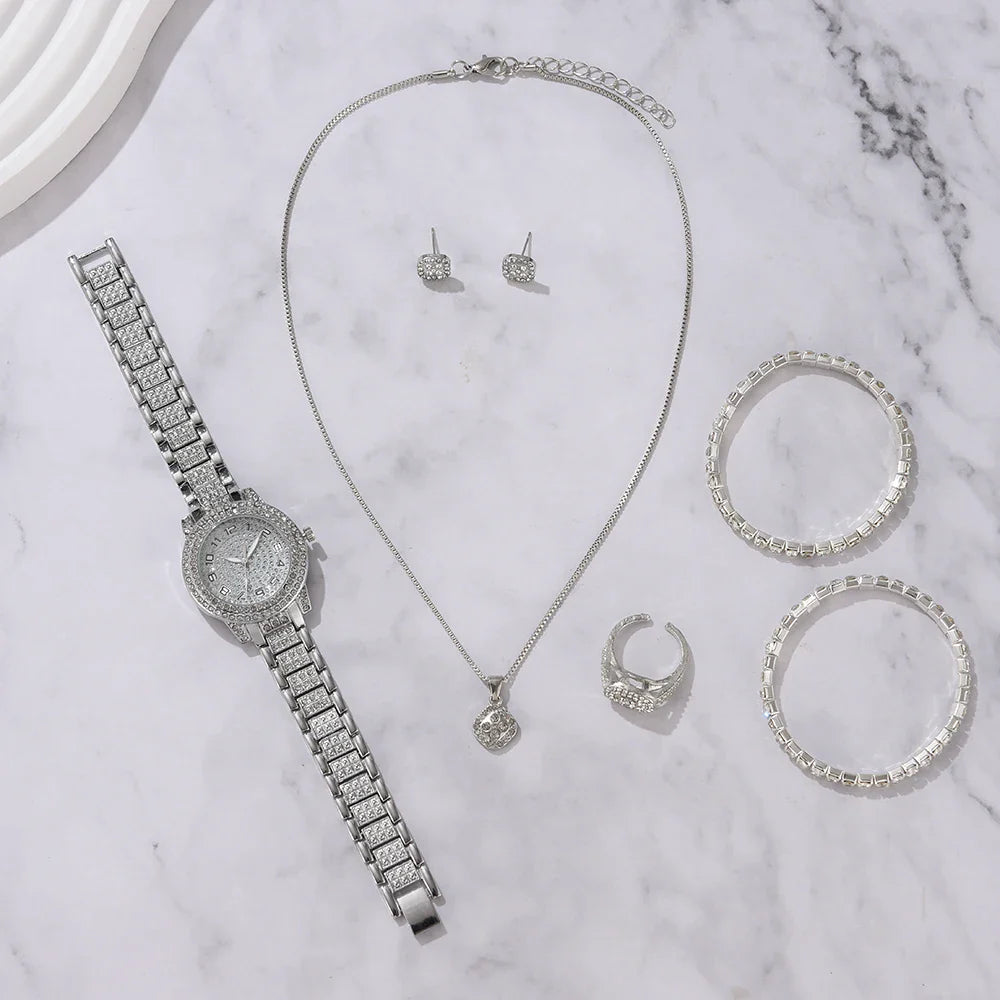 6PCS Women's Elegant Crystal Watch Set – Luxury Alloy Quartz Wristwatches with Rhinestone Bracelet, Perfect Gift for Ladies