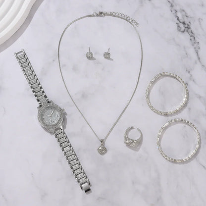 6PCS Women's Elegant Crystal Watch Set – Luxury Alloy Quartz Wristwatches with Rhinestone Bracelet, Perfect Gift for Ladies