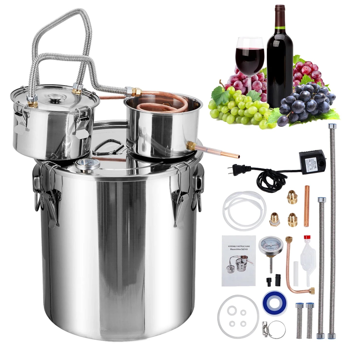 5Gal/19L Stainless Steel Water & Alcohol Distiller – Home Brewing Kit with Built-in Thermometer, Copper Tube, and Water Pump