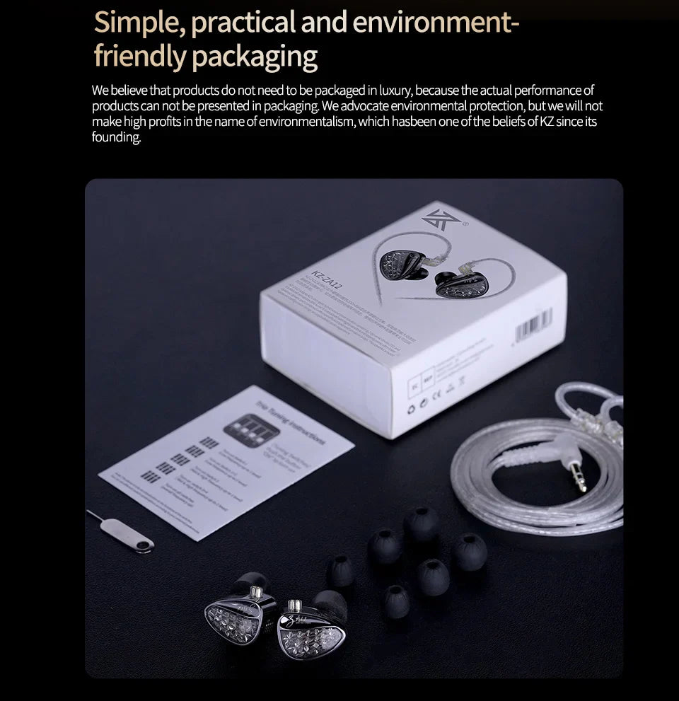 KZ ZA12 2DD+4BA Hybrid IEM Headphones – Wired In-Ear Monitor with Adjustable Tuning, HiFi Sound, Sports & Gaming Noise-Canceling Earphones