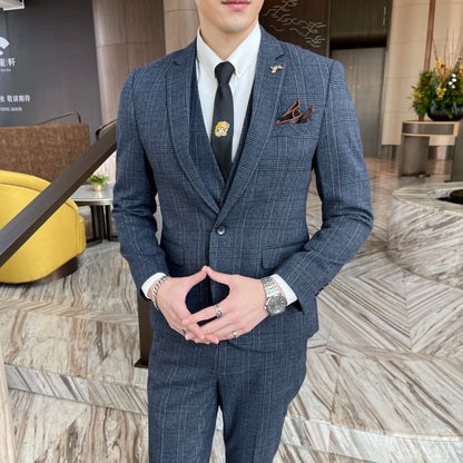 Men’s British Korean Plaid Three-Piece Suit – Stylish Business Casual Set with Blazer, Vest & Trousers