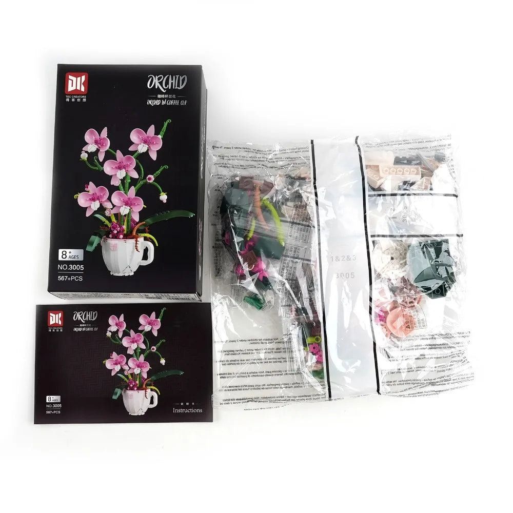 MOC Pink Orchid Flower Bouquet Building Block Kit – DIY Bonsai Plant Model for Romantic Home Decor, Creative Gift for Teens & Adults