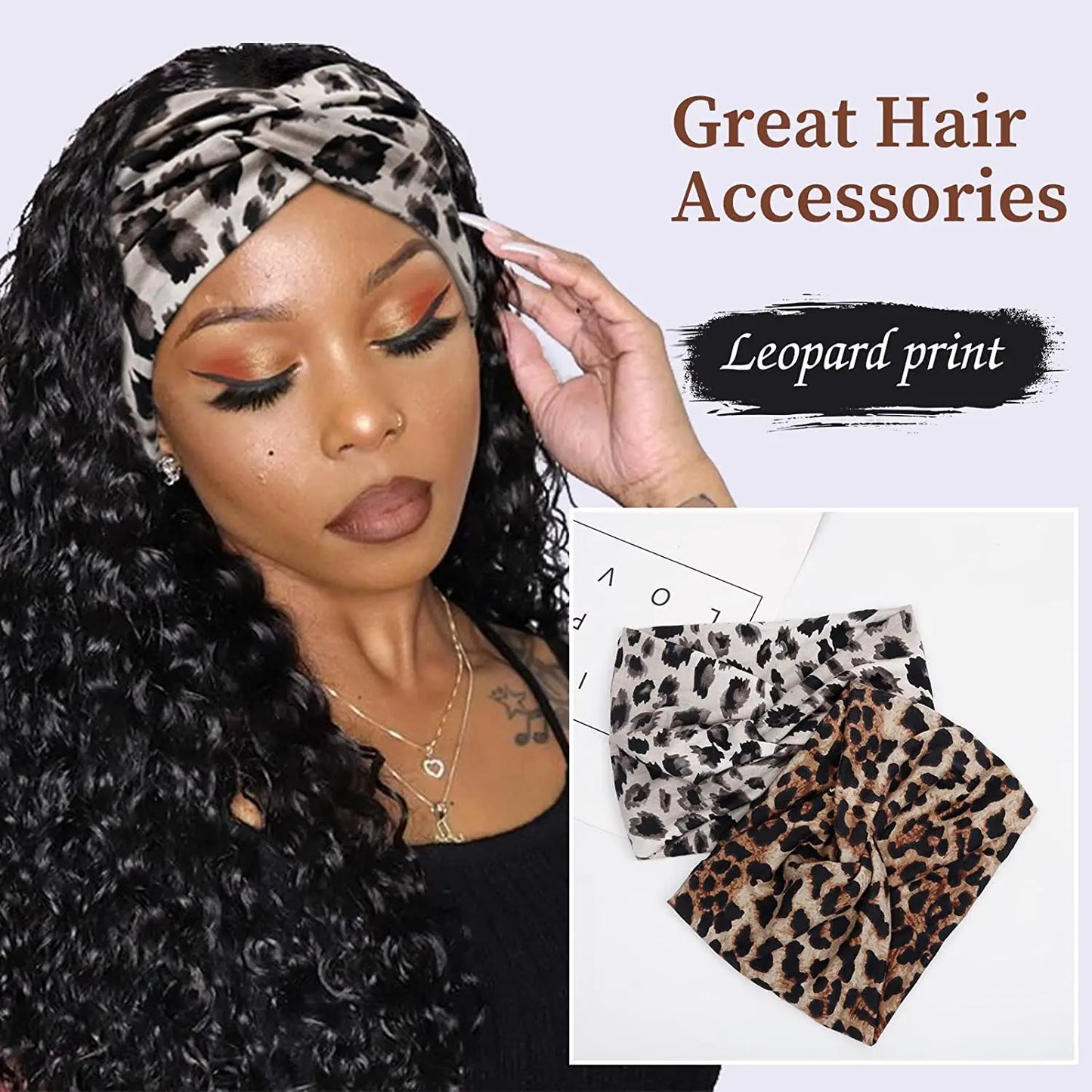 Boho Yoga Headbands for Women - Wide Thick Stretchy Turban with Leopard Print, African-Inspired Knotted Head Bands