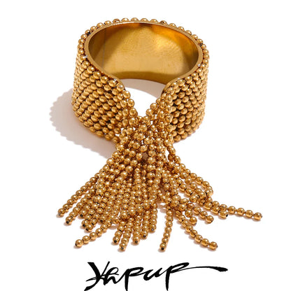 Yhpup Adjustable Stainless Steel Tassel Chain Finger Ring – 18K PVD Gold Plated Statement Charm Jewelry for Women