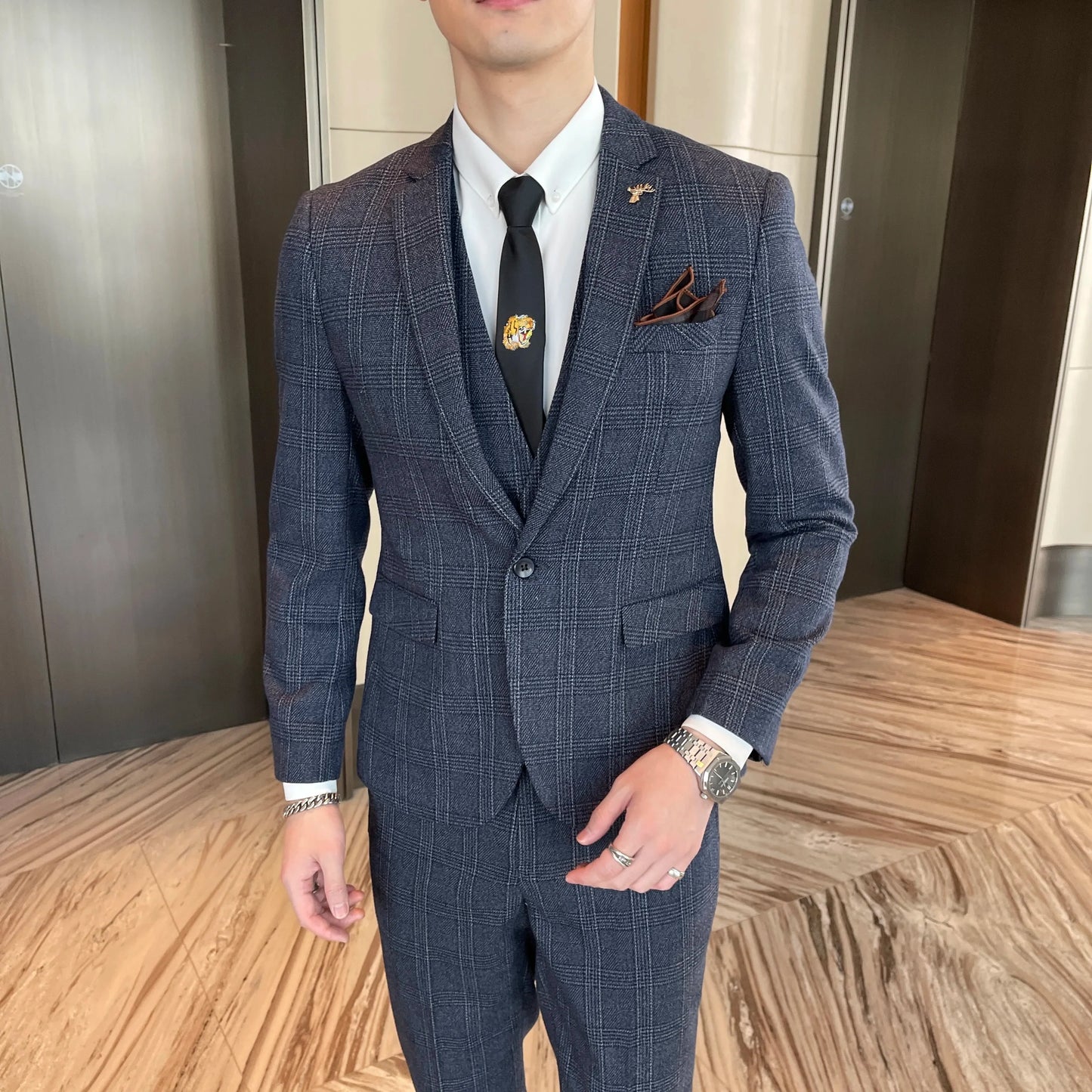 Men’s British Korean Plaid Three-Piece Suit – Stylish Business Casual Set with Blazer, Vest & Trousers